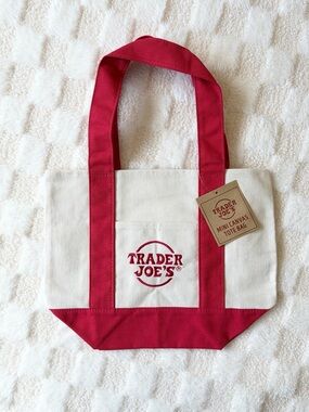 Trader Joe’s Mini Canvas Tote Bag Red & Cream NWT